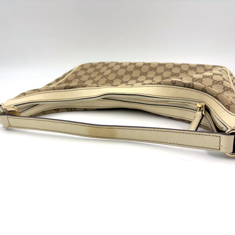 Gucci GG Canvas Leather Ivory Khaki Beige Shoulder Bag Silver