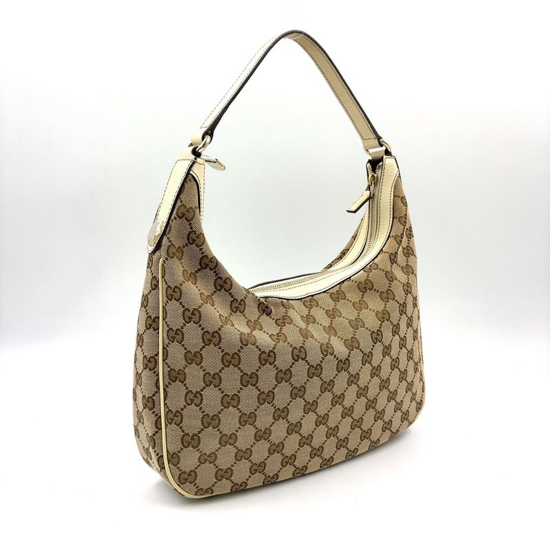 Gucci GG Canvas Leather Ivory Khaki Beige Shoulder Bag Silver