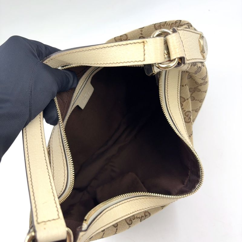 Gucci GG Canvas Leather Ivory Khaki Beige Shoulder Bag Silver