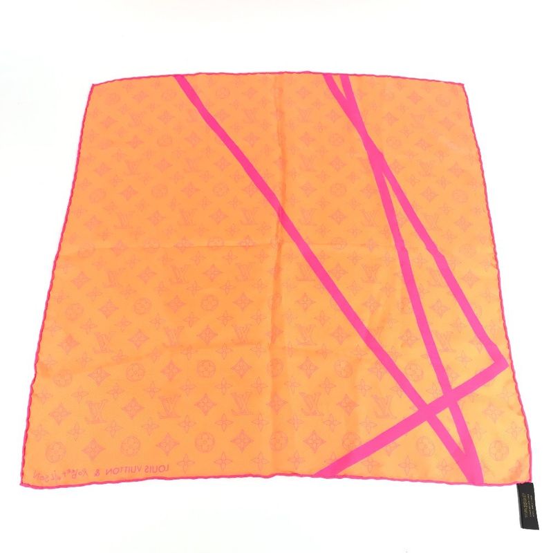 Louis Vuitton Scarf Monogram Logo Neon Color Silk Orange Scarf