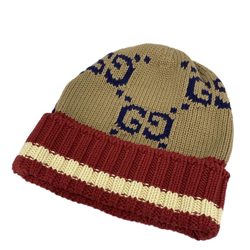 Gucci Knit Hat M 58 Beige Red Navy GG Pattern