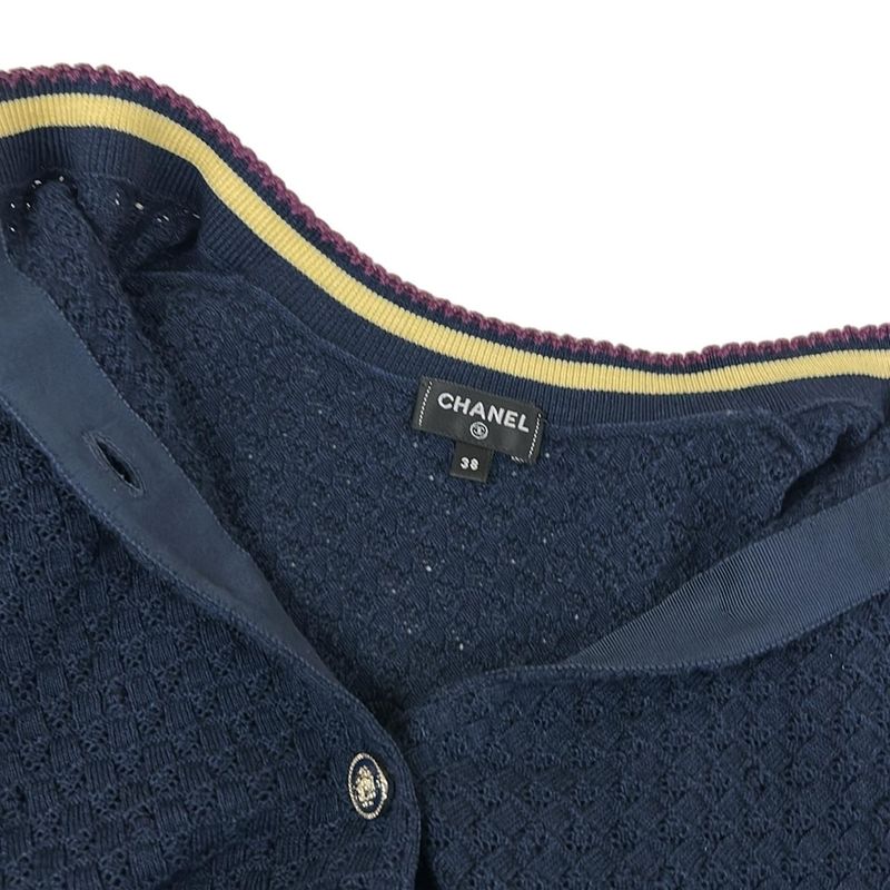 Chanel Cardigan 38 M Navy Beige Multi Long Sleeve X Multi
