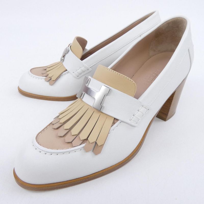 Hermes Elysee 70 Heel Moccasins Shoes White Beige