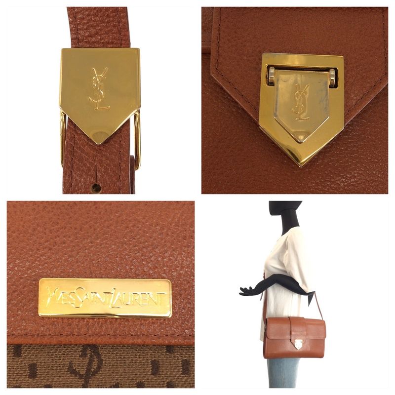 Saint Laurent Yves Vintage YSL Brown Gold Leather Shoulder Bag