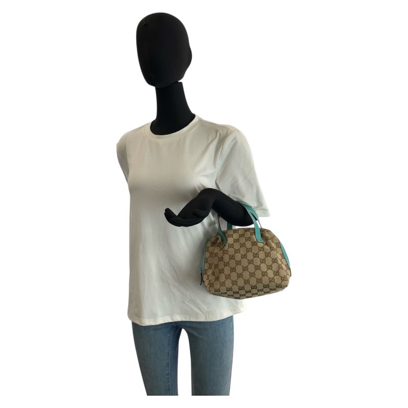 Gucci Beige Green GG Canvas Leather Handbag Vanity Bag