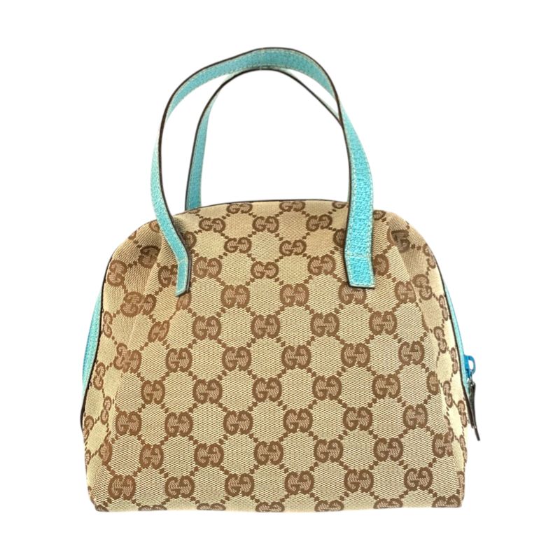 Gucci Beige Green GG Canvas Leather Handbag Vanity Bag