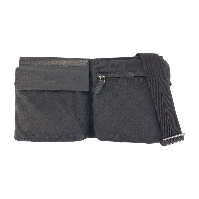 Gucci Black Silver GG Canvas Leather Belt Bag Waist Pouch
