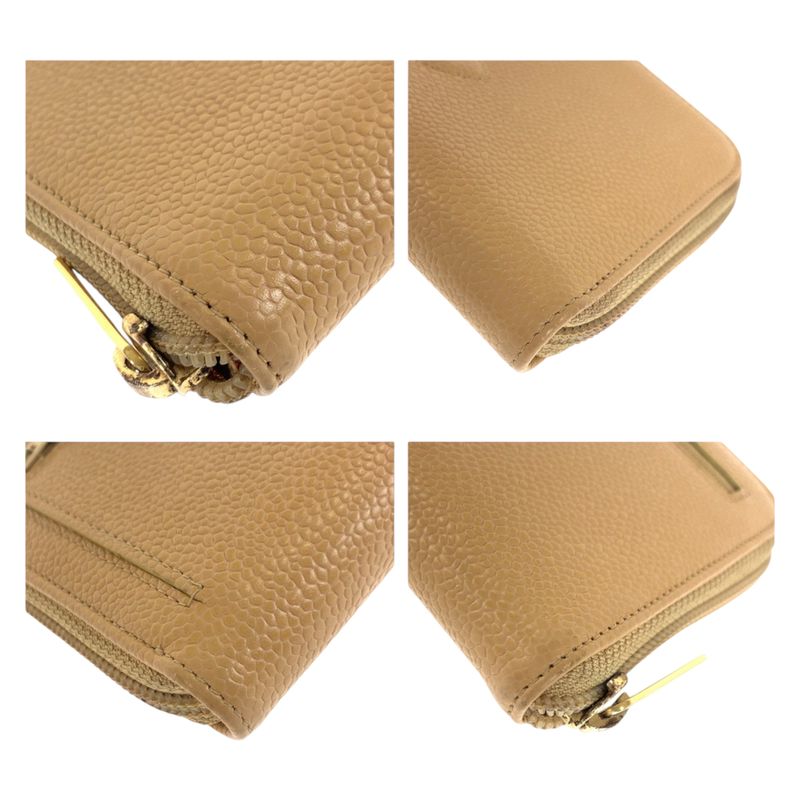 Chanel CC Logo Beige Gold Caviar Leather Wallet Zip Around