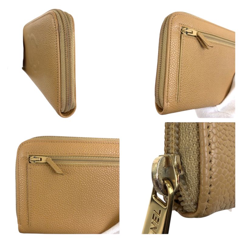 Chanel CC Logo Beige Gold Caviar Leather Wallet Zip Around