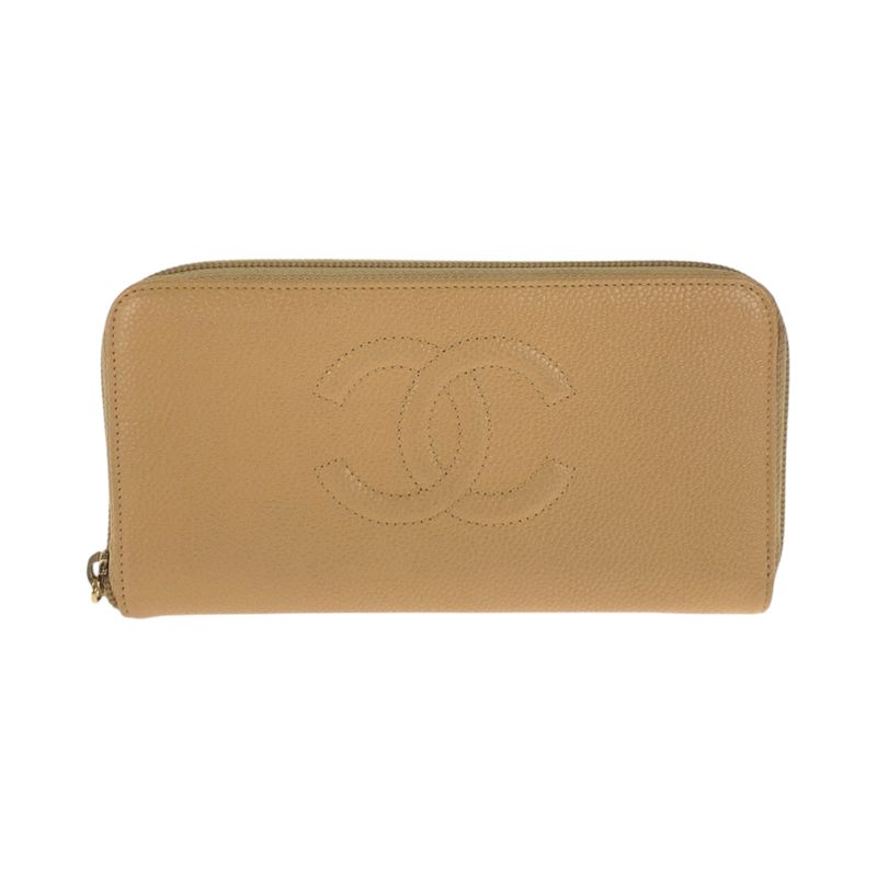 Chanel CC Logo Beige Gold Caviar Leather Wallet Zip Around