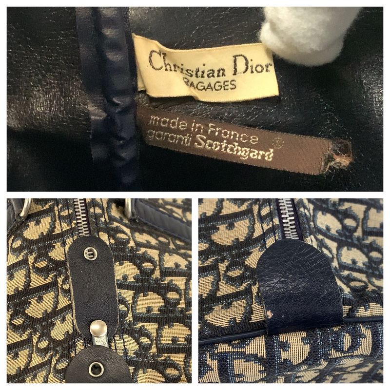 Dior Vintage Trotter Navy Beige Canvas Leather Boston Bag Navybeige