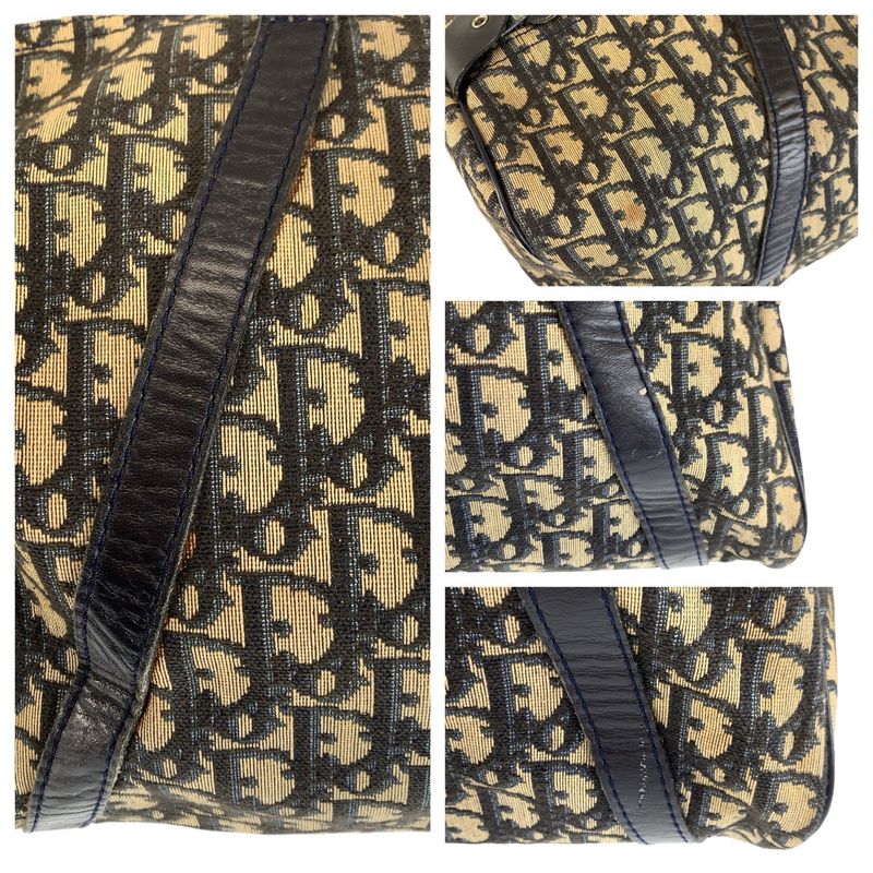 Dior Vintage Trotter Navy Beige Canvas Leather Boston Bag Navybeige