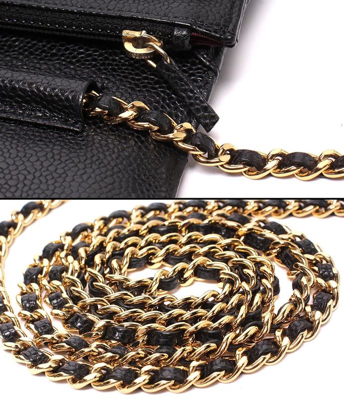 Chanel Chain Wallet Shoulder Bag Gold Caviar Leather Quilted