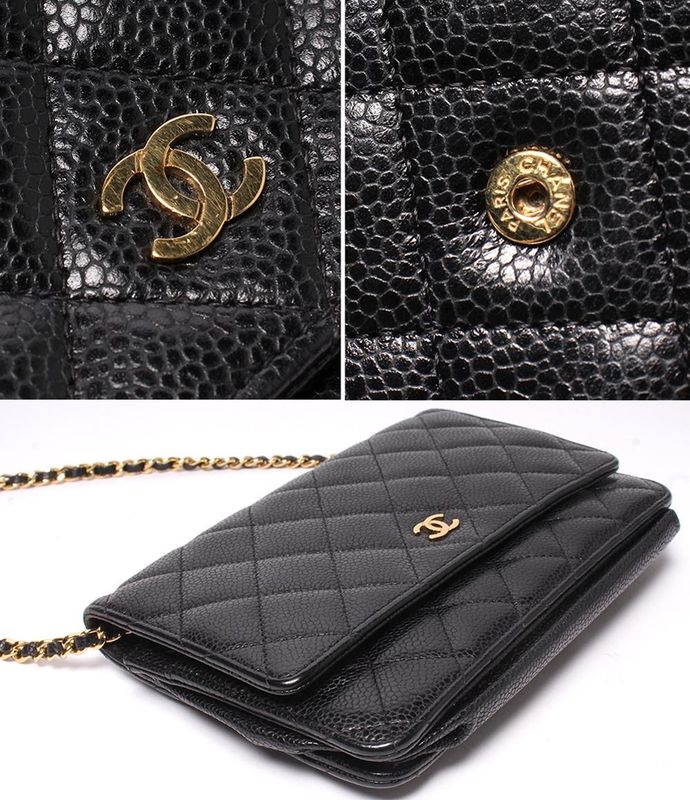 Chanel Chain Wallet Shoulder Bag Gold Caviar Leather Quilted