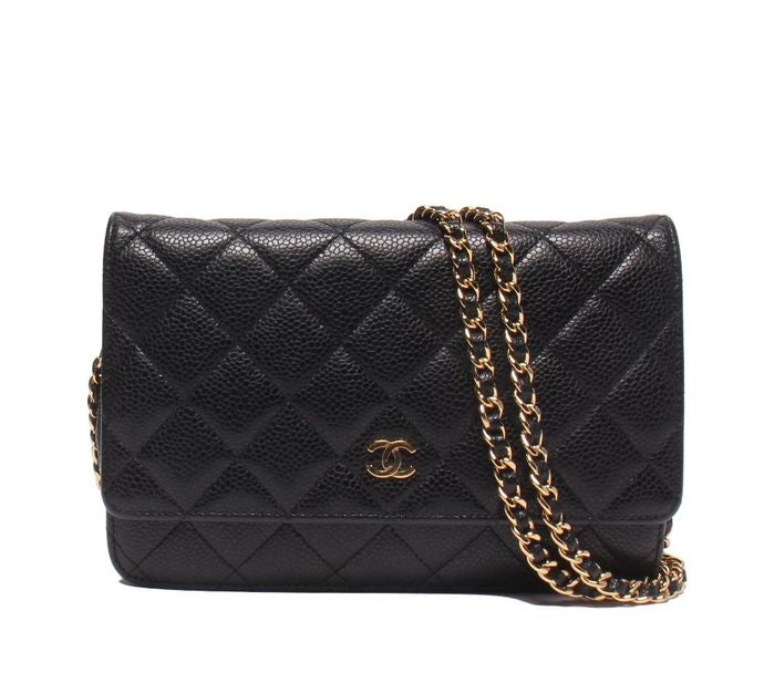 Chanel Chain Wallet Shoulder Bag Gold Caviar Leather Quilted