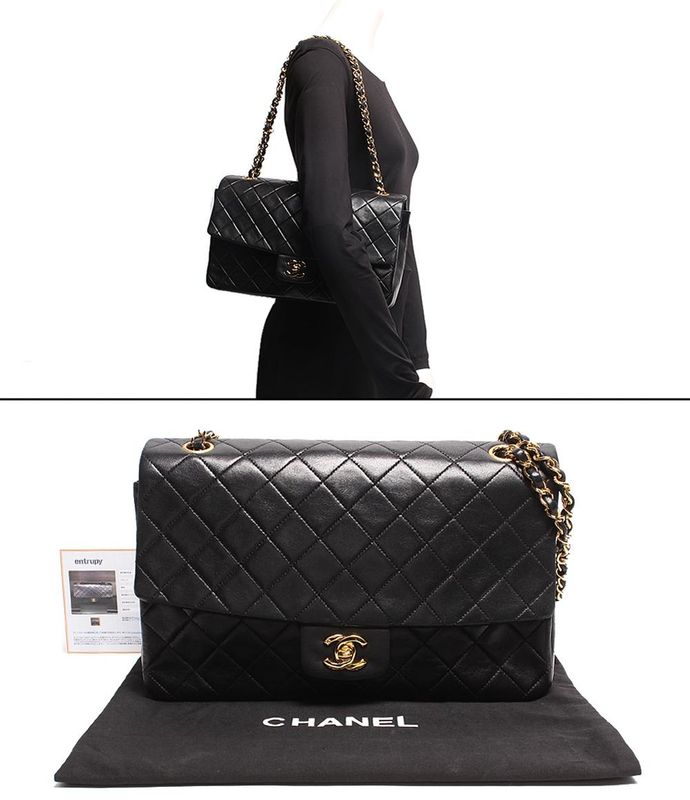 Chanel Double Chain Leather Shoulder Bag CC Logo Gold Quilted