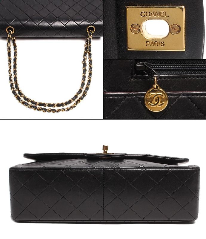 Chanel Double Chain Leather Shoulder Bag CC Logo Gold Quilted