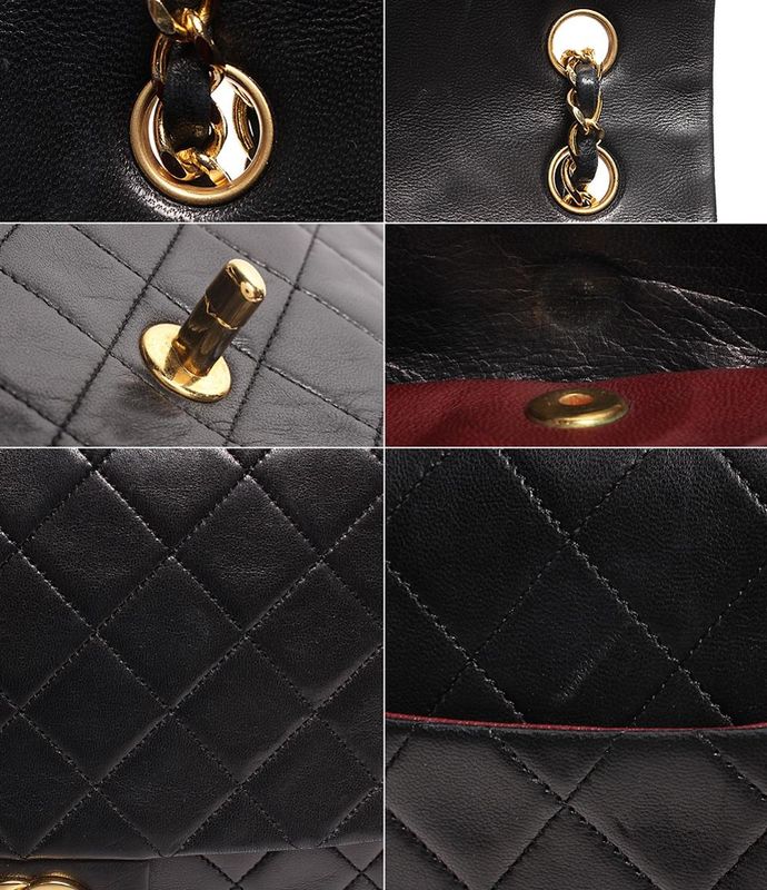 Chanel Double Chain Leather Shoulder Bag CC Logo Gold Quilted