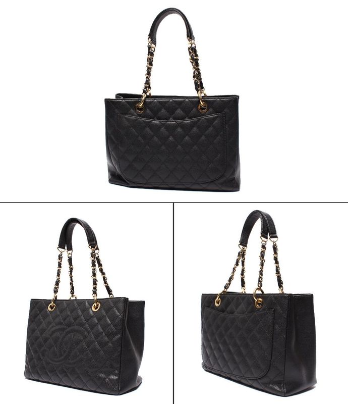 Chanel Chain Shoulder Bag Grand Shopping Tote GST Quilted Gold Caviar