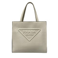 Prada Tote White Embossed Triangle Logo Leather