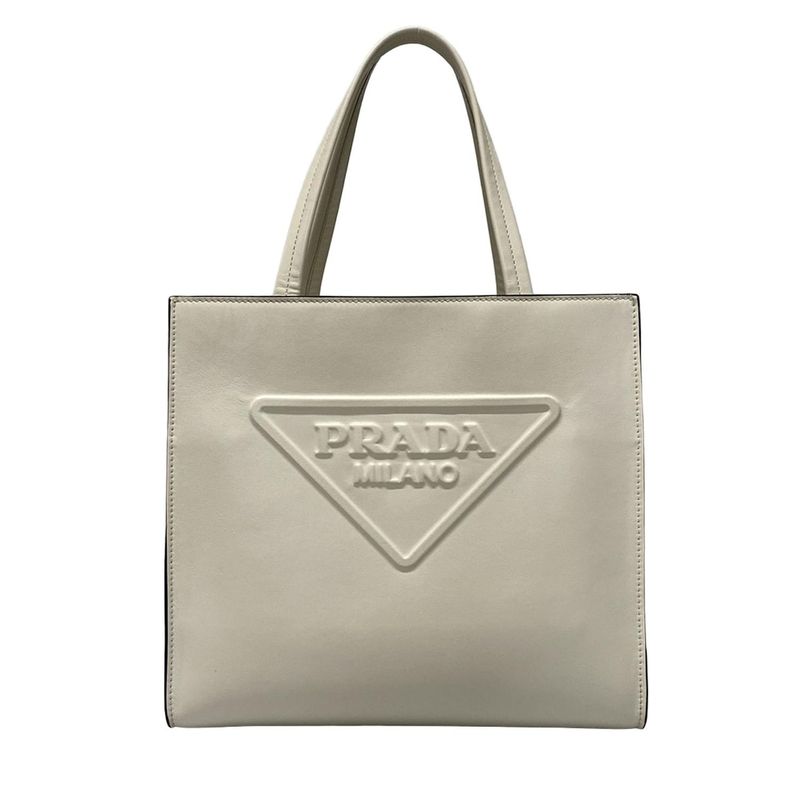 Prada Tote White Embossed Triangle Logo Leather