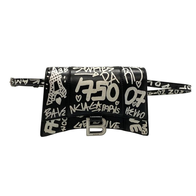 Balenciaga Waist Pouch Hourglass Black White Mini Bag Graffiti Leather