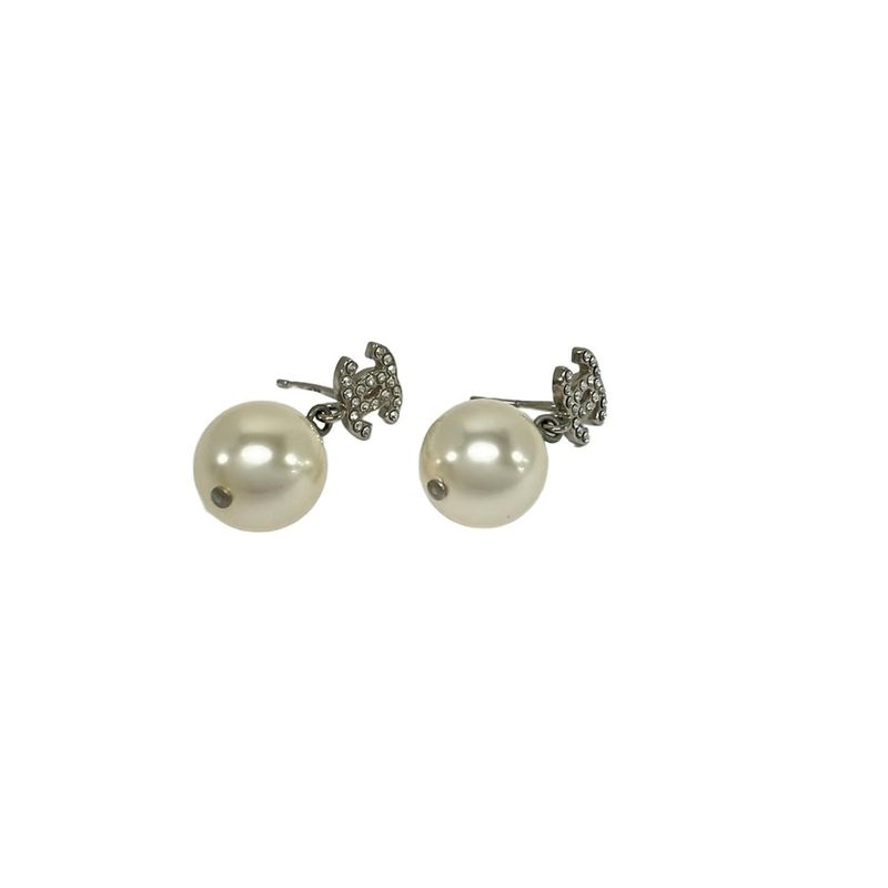 Chanel Earrings CC Logo Silver Ivory