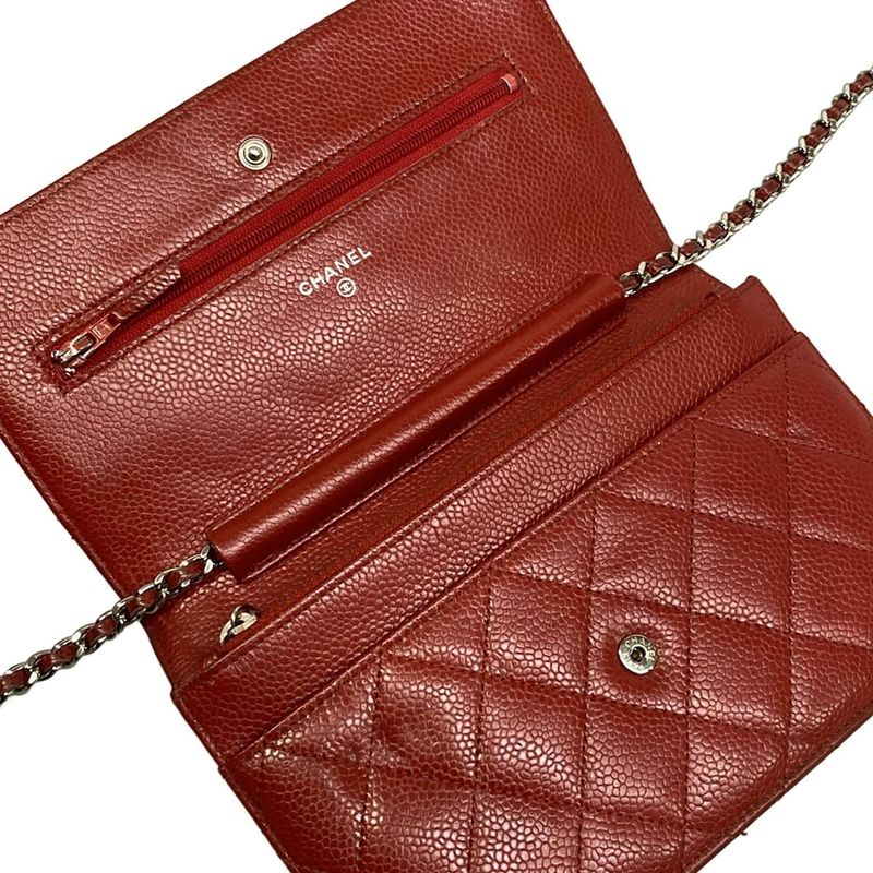 Chanel Wallet Quilted Red Chain Silver