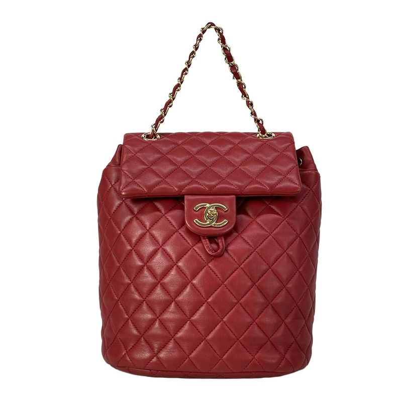 Chanel Backpack Quilted Red Gold Chain Shoulder Lambskin