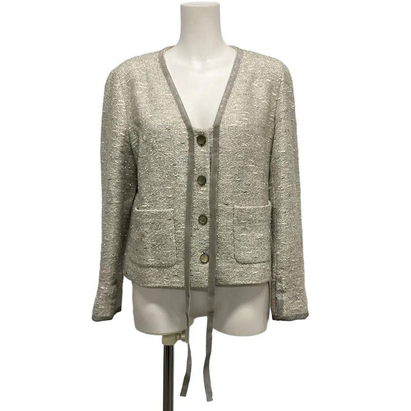 Chanel Jacket 40 M Ivory Gray Multi Long Sleeve Tweed X Multi