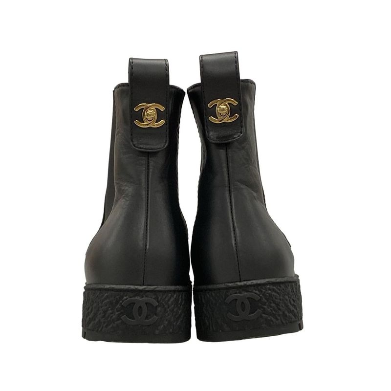 Chanel Short Boots 38 C Black Gold Side Gore Leather