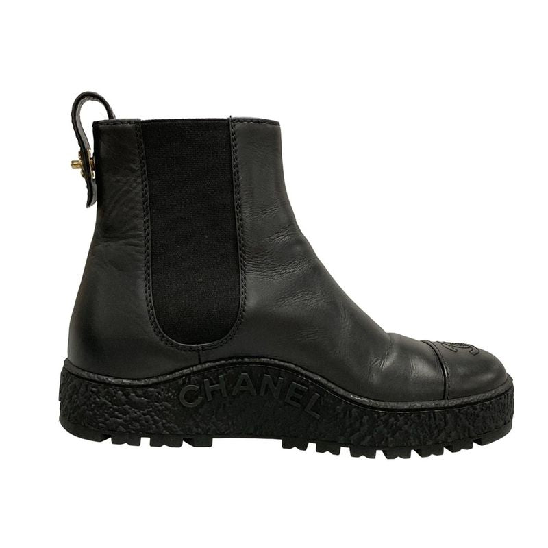 Chanel Short Boots 38 C Black Gold Side Gore Leather