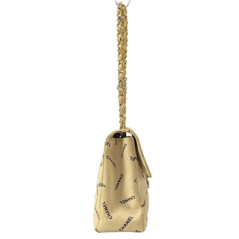 Chanel Shoulder Bag Quilted Beige Black Chain Gold