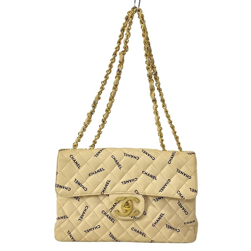 Chanel Shoulder Bag Quilted Beige Black Chain Gold