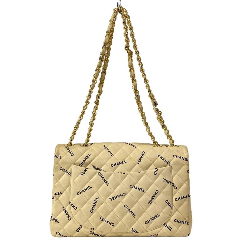 Chanel Shoulder Bag Quilted Beige Black Chain Gold