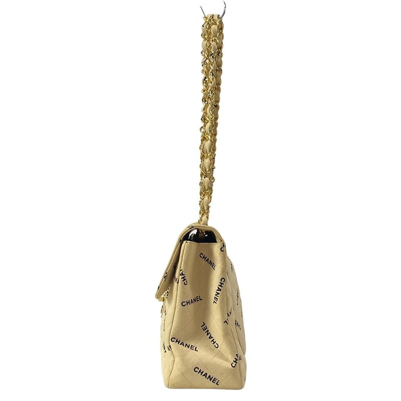 Chanel Shoulder Bag Quilted Beige Black Chain Gold