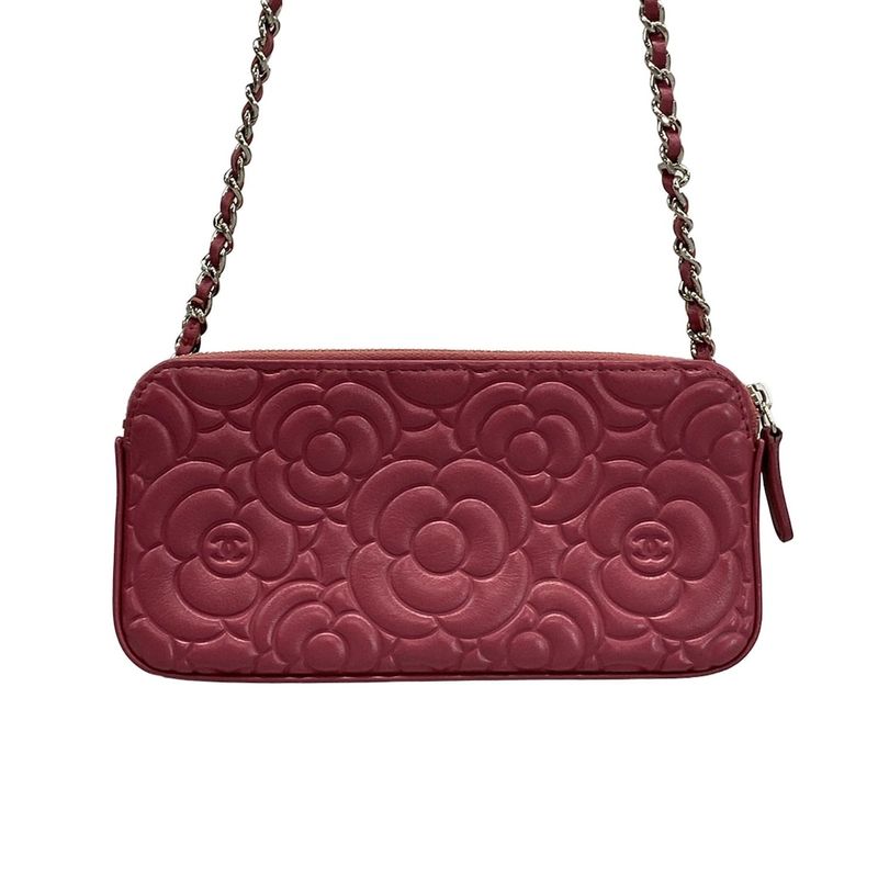 Chanel Shoulder Bag Camellia Pink Chain Silver Lambskin