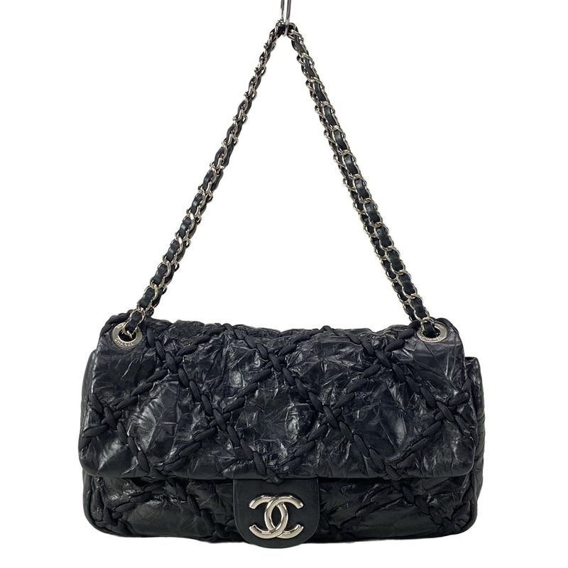 Chanel Shoulder Bag Ultra Stitch Black Chain Silver Flap