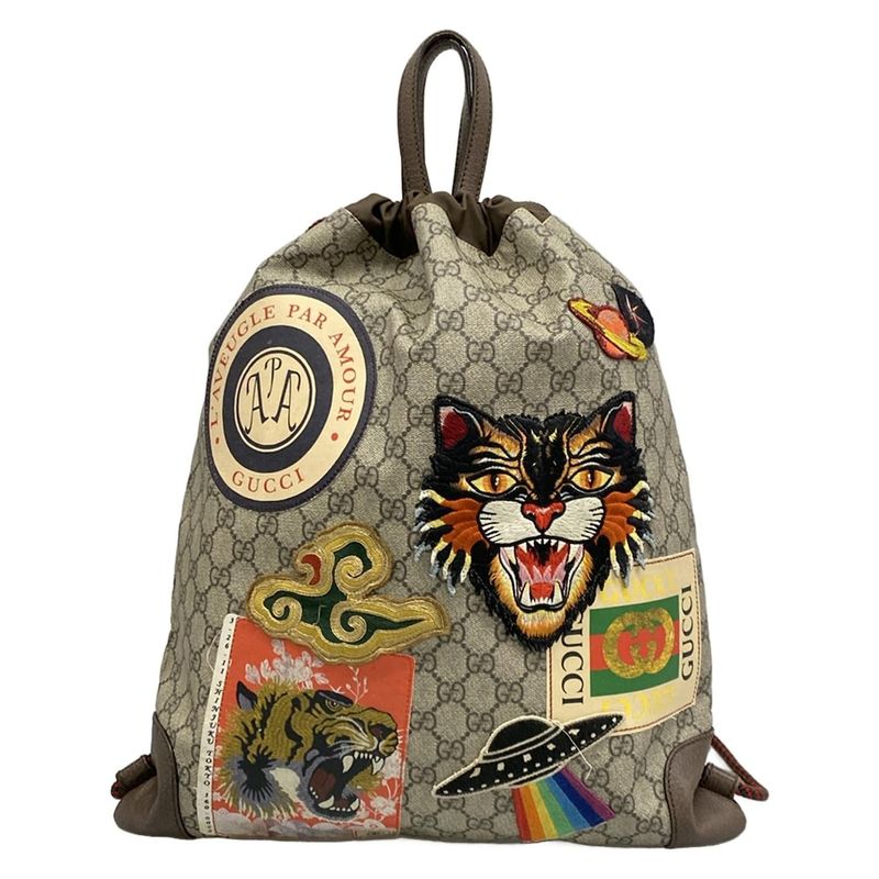 Gucci Backpack GG Supreme Drawstring Dark Brown Beige