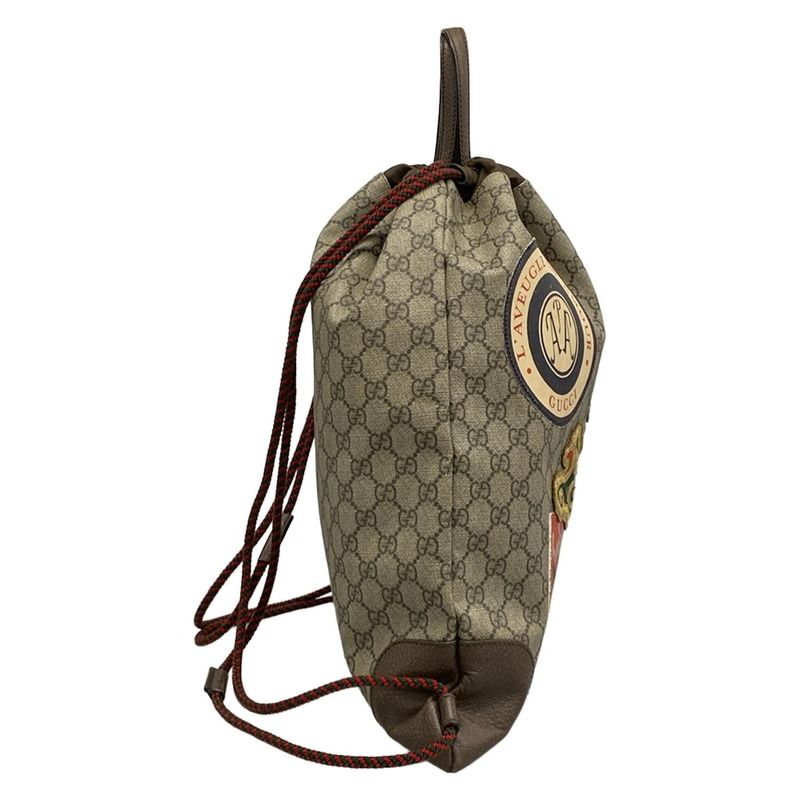 Gucci Backpack GG Supreme Drawstring Dark Brown Beige