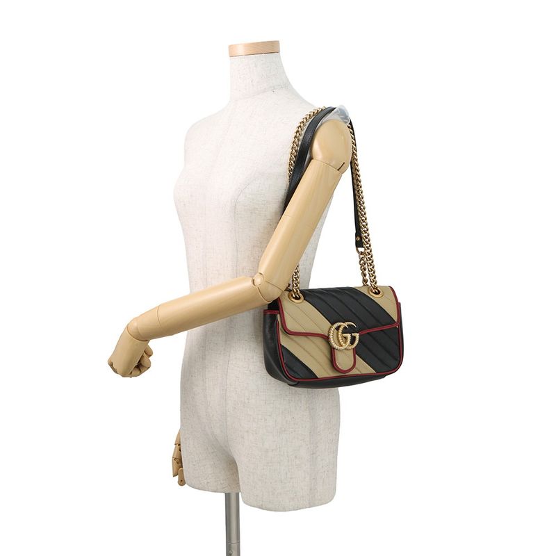 Gucci Chain Shoulder Bag GG Marmont Quilted Leather Small 2-Way Black Beige
