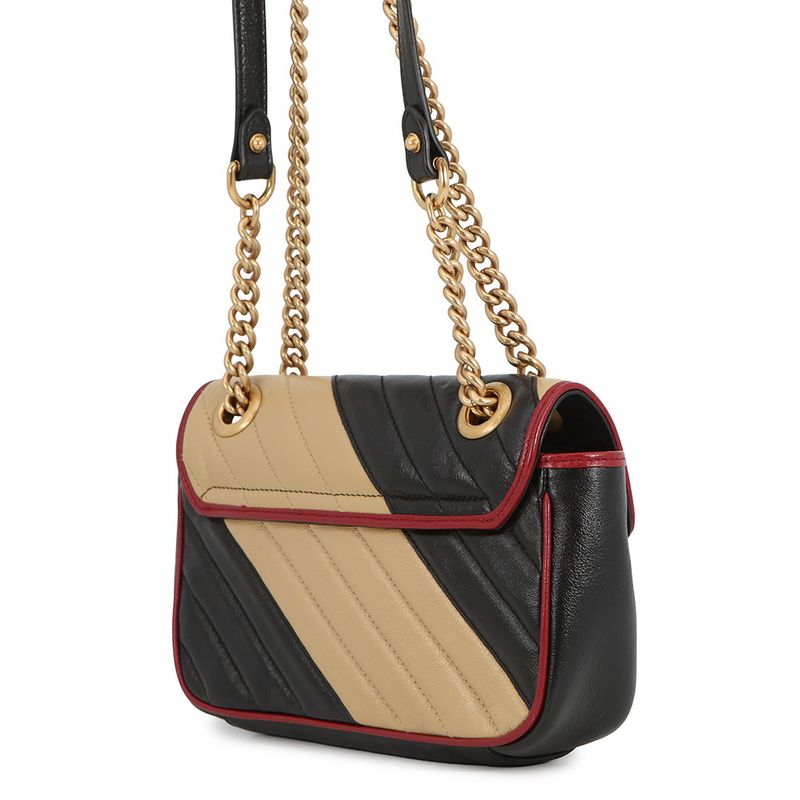 Gucci Chain Shoulder Bag GG Marmont Quilted Leather Small 2-Way Black Beige