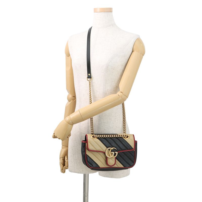 Gucci Chain Shoulder Bag GG Marmont Quilted Leather Small 2-Way Black Beige