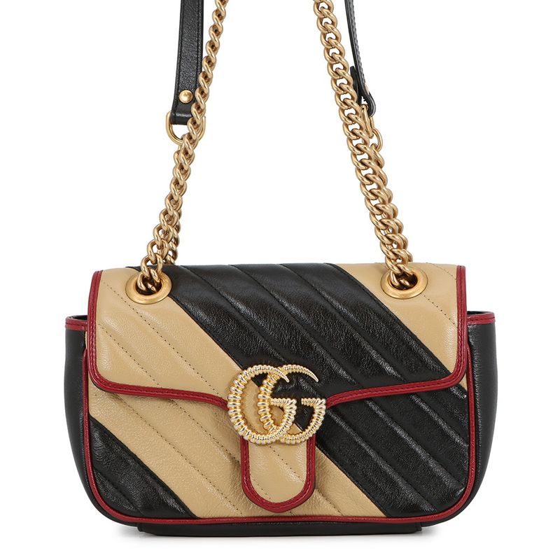 Gucci Chain Shoulder Bag GG Marmont Quilted Leather Small 2-Way Black Beige