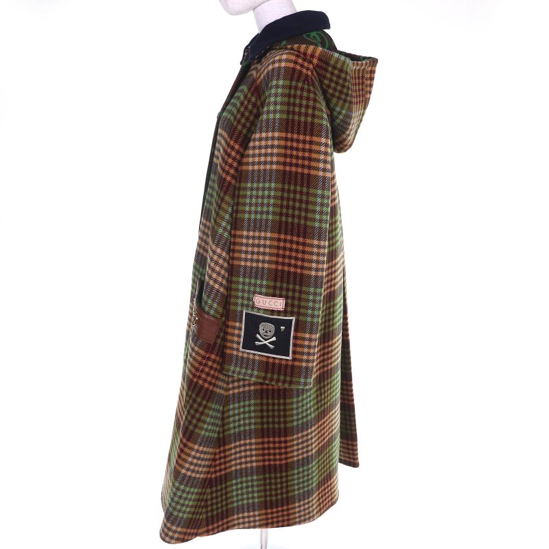 Gucci Checked Pattern Lining GG Horsebit Hooded Long Wool Coat