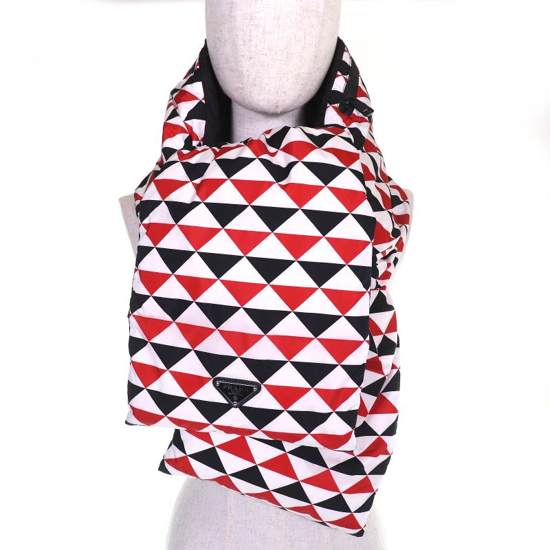 Prada Triangle Logo Hooded All Over Pattern Re-Nylon Down Scarf Red Hoodie