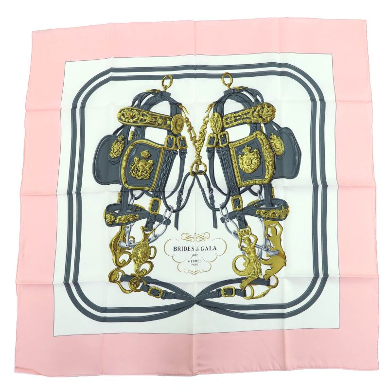 Hermes Carre 90 Brides de Gala Ceremony Bridle Silk Large Scarf Pink