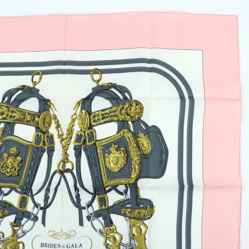 Hermes Carre 90 Brides de Gala Ceremony Bridle Silk Large Scarf Pink