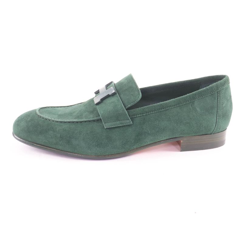 Hermes Suede Leather Constance Loafers Flat Shoes Green