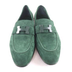 Hermes Suede Leather Constance Loafers Flat Shoes Green